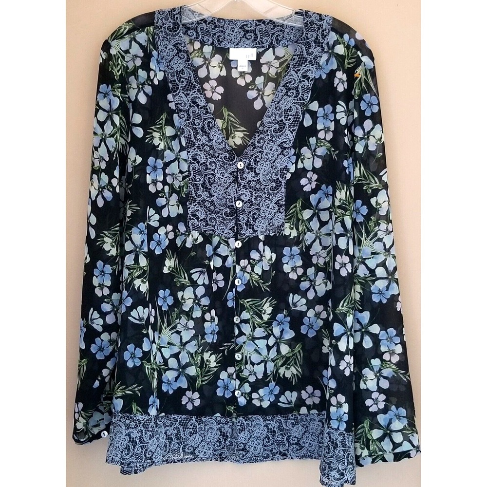J. JILL Blouse Top Navy Floral Lace Print Button Front Sheer L/Sleeve Womens XL